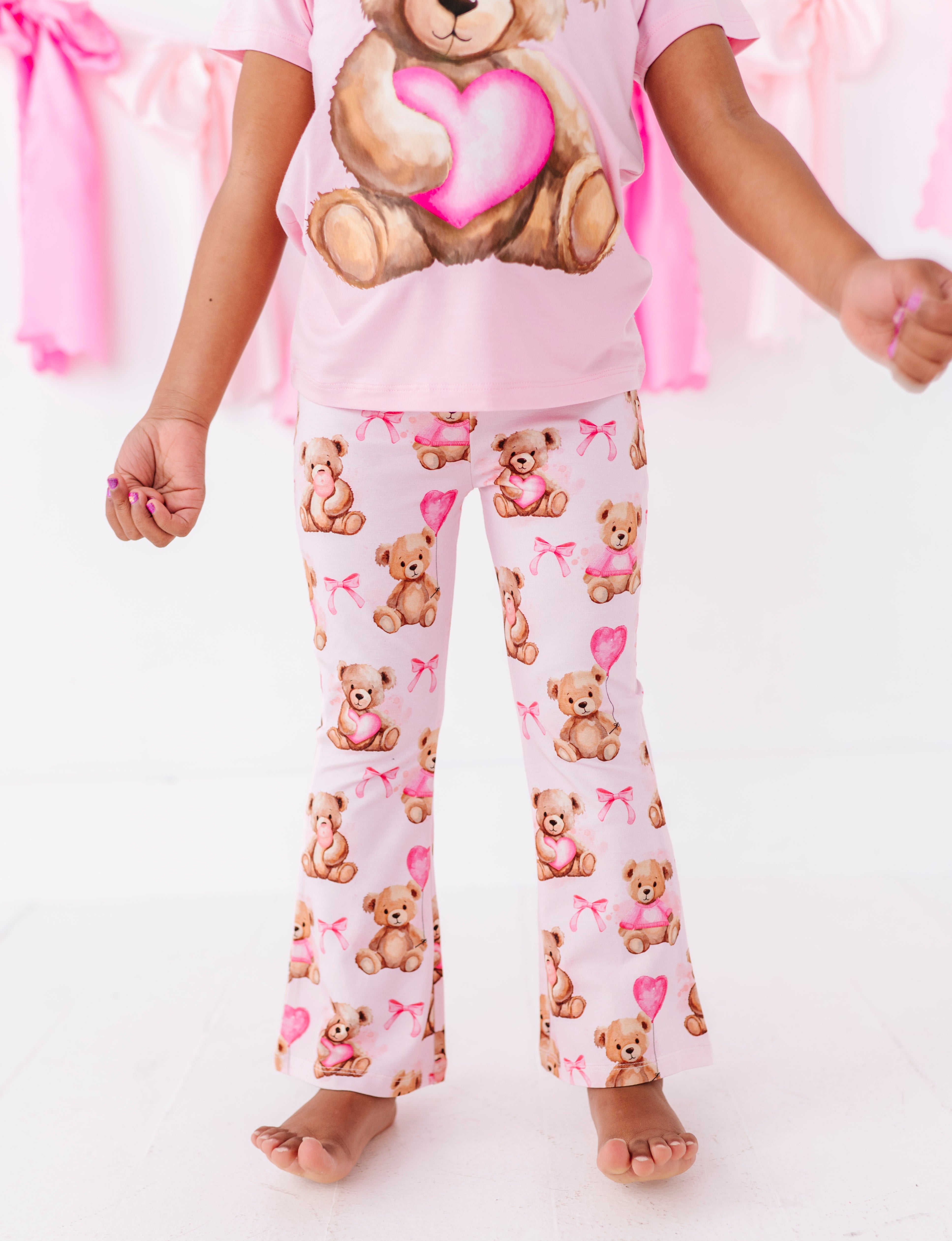 Close up of Beary Sweet bamboo cotton pants showing teddy bear print detail